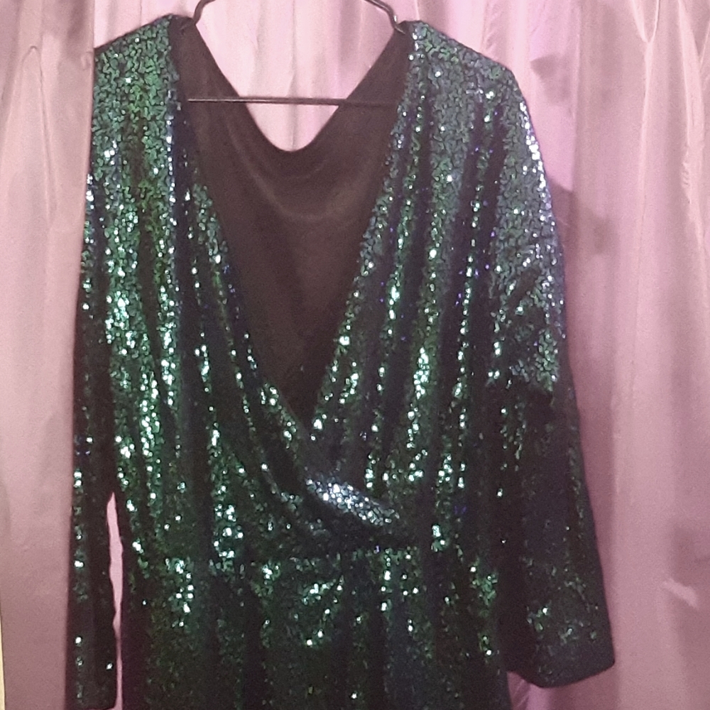 Green and blue sequin knee length dress.